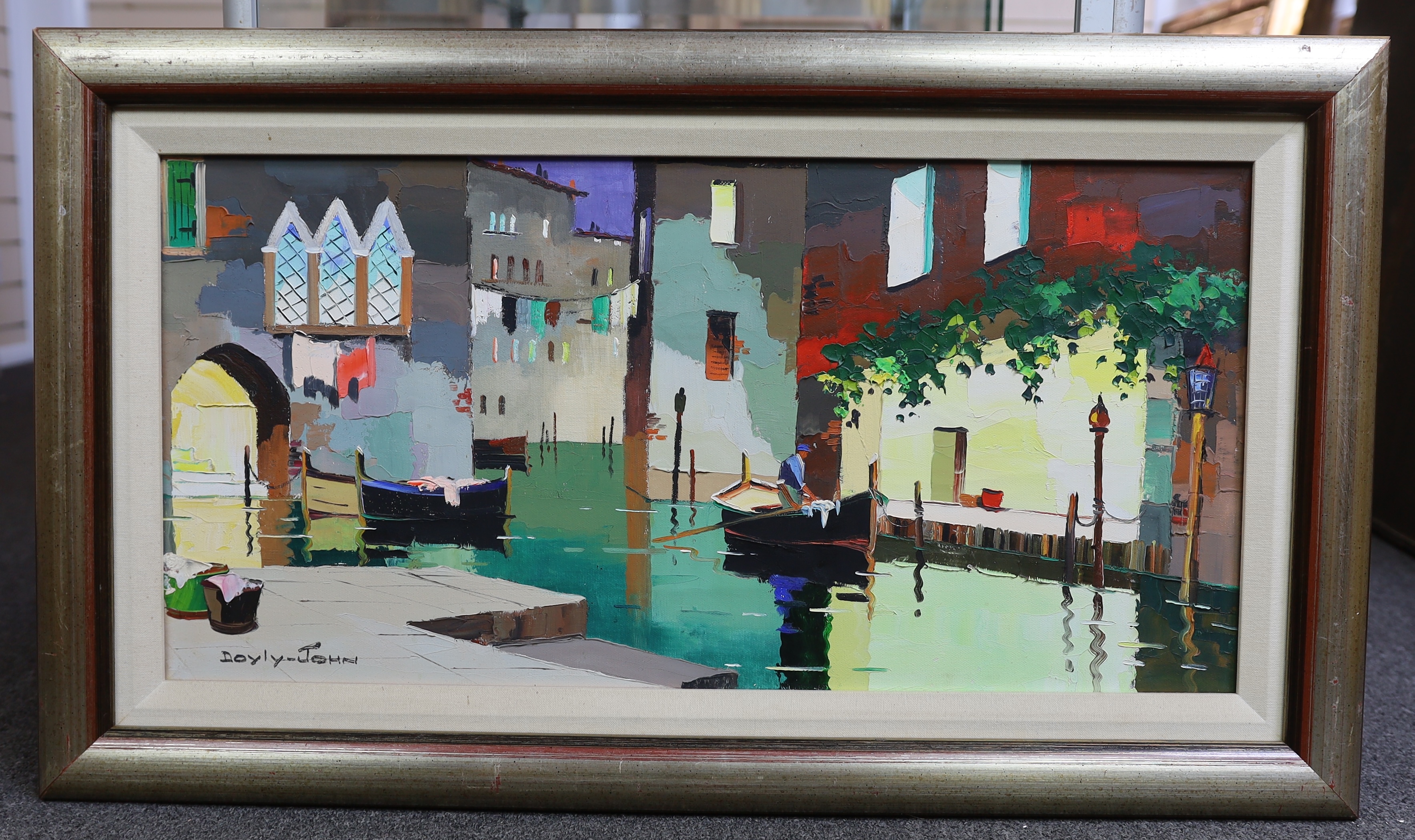Cecil Rochfort D’Oyly John (English, 1906-1993), 'Venice off the Grand Canal, a side street near Placé Marco', oil on canvas, 35 x 71cm